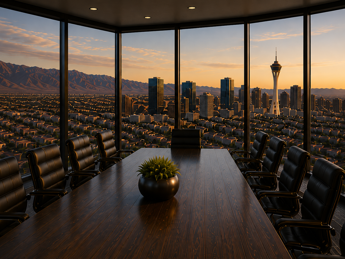 Executive boardroom overlooking a city skyline at sunset